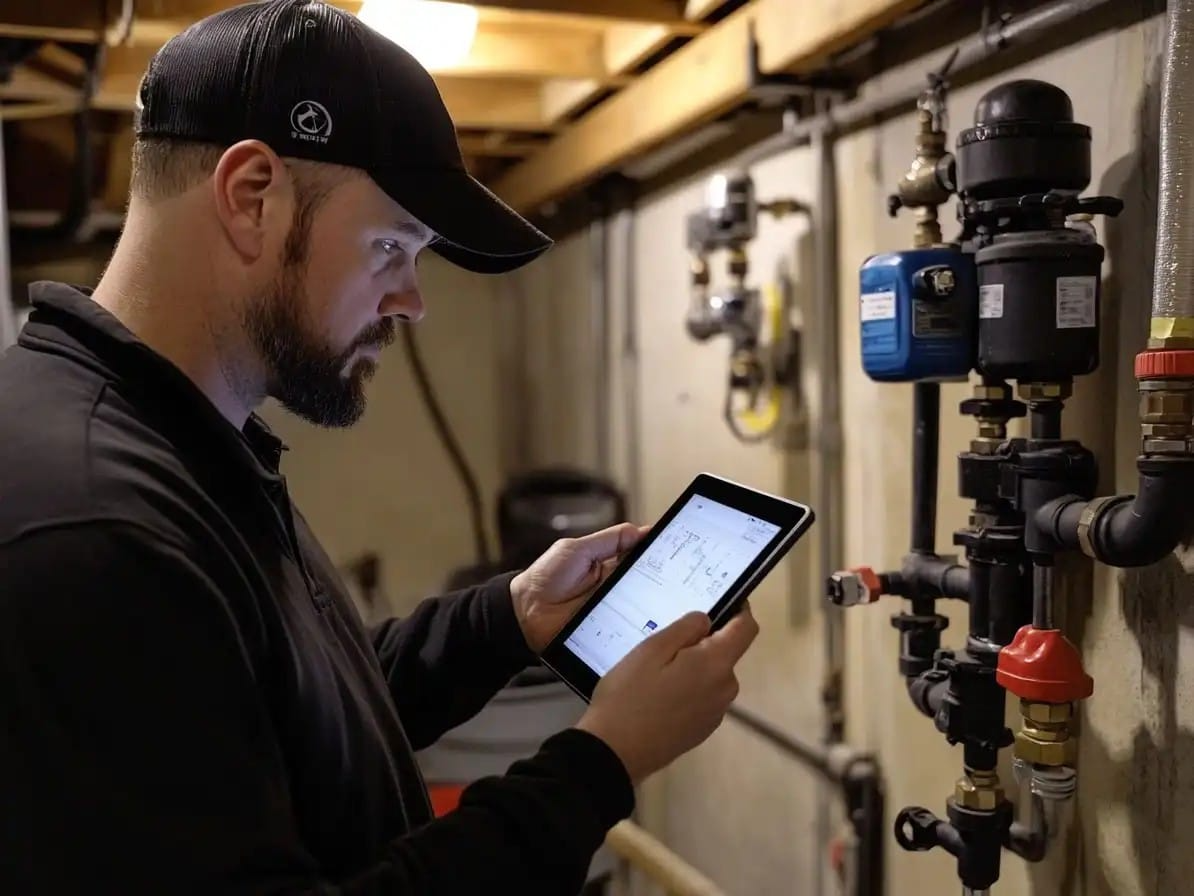 A plumber is inspecting the heater machine digitally